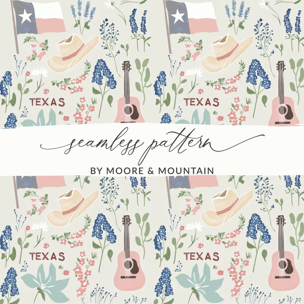 Seamless pattern with Texas flag, hat, guitar, and flowers.