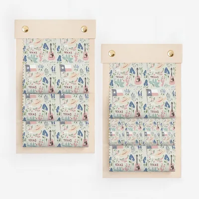 Fabric swatches with Texas theme: flag, hats, guitars, and flowers.