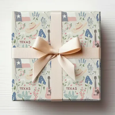 Wrapping paper with Texas motifs: flags, hats, guitars, and bluebonnets.