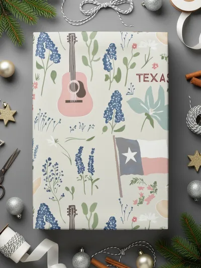 Wrapping paper with Texas wildflowers, acoustic guitar, and Texas flag pattern.