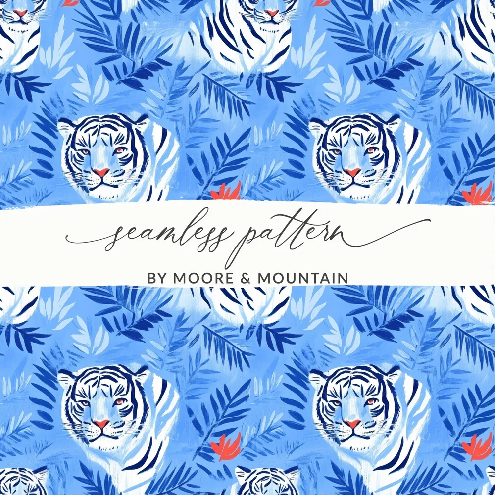 Tiger Among Blue Leaves and Orange Flowers Digital - Moore and Mountain