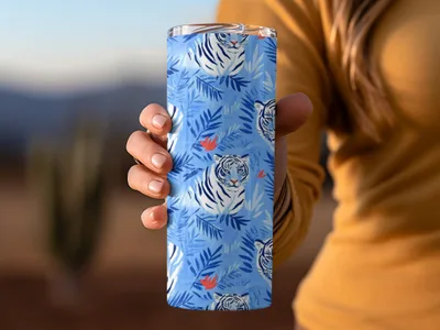 Tiger Among Blue Leaves and Orange Flowers Digital - Moore and Mountain
