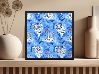 Tiger Among Blue Leaves and Orange Flowers Digital - Moore and Mountain