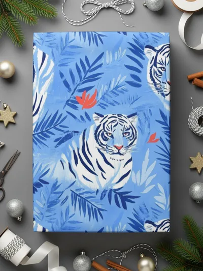 Tiger Among Blue Leaves and Orange Flowers Digital - Moore and Mountain