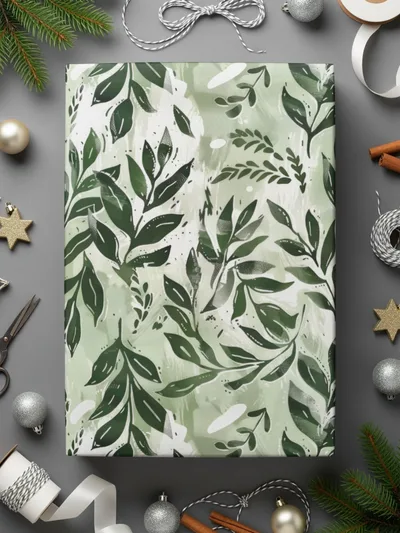 Festive Green Leaf Patterned Holiday Wrapping Paper