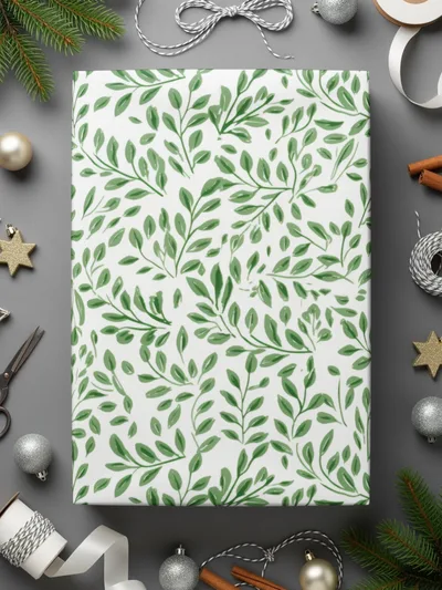Festive Green Leaf Pattern Holiday Wrapping Paper