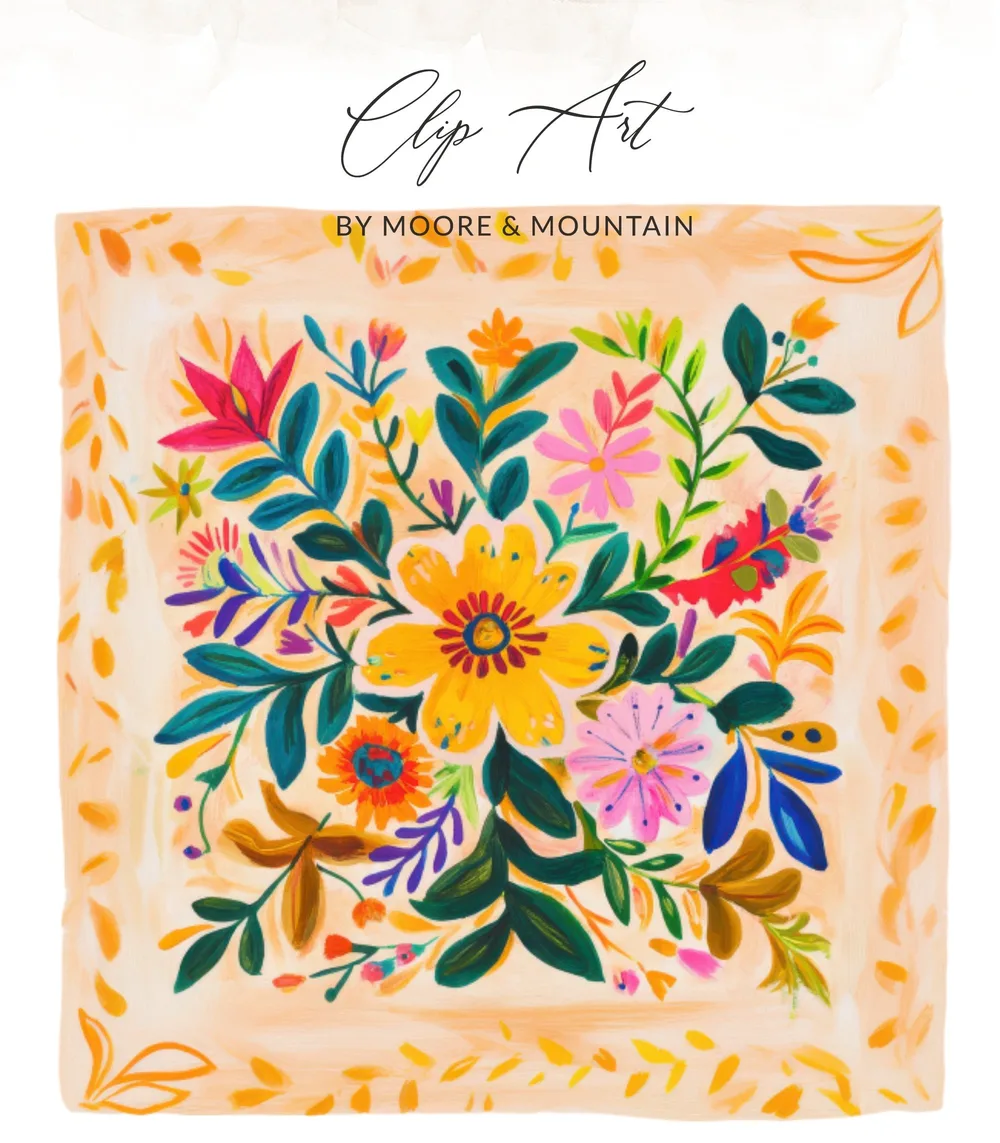 Colorful floral painting with "Clip Art" and "By Moore & Mountain" text.