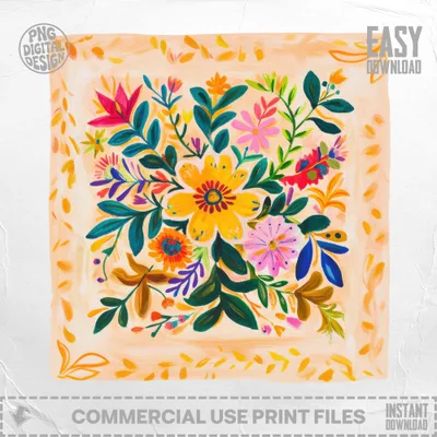 Colorful floral pattern with a yellow flower center on a light orange background.