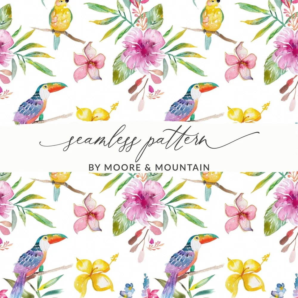 Tropical Birds Seamless Pattern Digital Paper, Watercolor Floral Digital Pattern, Hibiscus Flower, Toucan Parrot Pattern, Summer Design - Moore and Mountain
