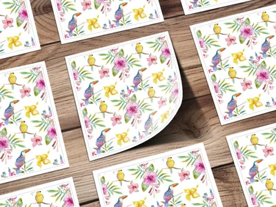 Tropical Birds Seamless Pattern Digital Paper, Watercolor Floral Digital Pattern, Hibiscus Flower, Toucan Parrot Pattern, Summer Design - Moore and Mountain