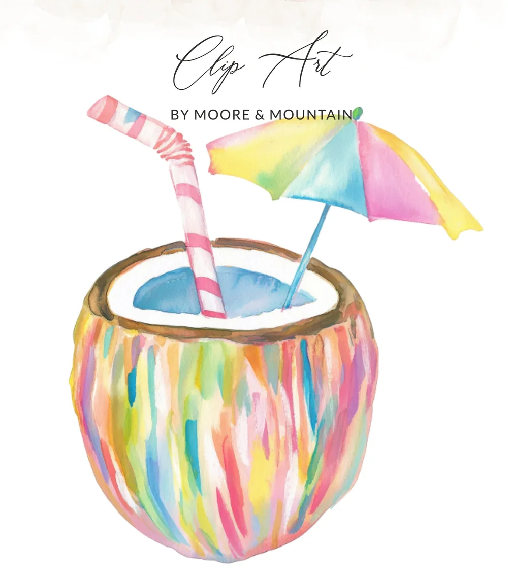 Watercolor coconut drink with colorful straw and umbrella.