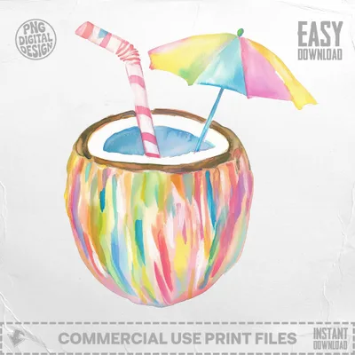 Watercolor coconut with straw and colorful umbrella, "Easy Download" text.