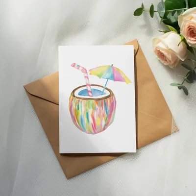 Watercolor painting of a colorful coconut drink with a straw and umbrella.