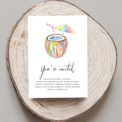 Invitation with watercolor coconut drink and "You're invited" text.