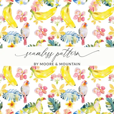 Tropical Digital Paper, Parrot Pattern, Banana Floral Background, Seamless File, Summer Print, Watercolor Design, Printable Pattern