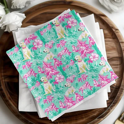 Tropical Dog Digital Paper, Floral Labrador Pattern, Pink and Green Print, Seamless File, Preppy Yellow Lab Digital Background - Moore and Mountain