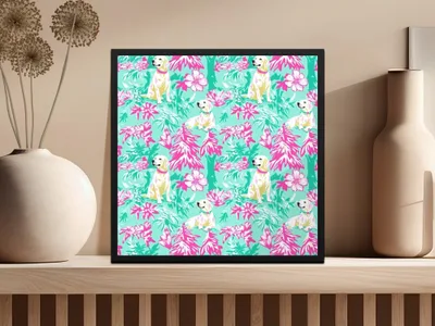 Tropical Dog Digital Paper, Floral Labrador Pattern, Pink and Green Print, Seamless File, Preppy Yellow Lab Digital Background - Moore and Mountain