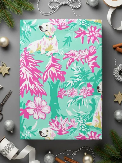 Tropical Dog Digital Paper, Floral Labrador Pattern, Pink and Green Print, Seamless File, Preppy Yellow Lab Digital Background - Moore and Mountain
