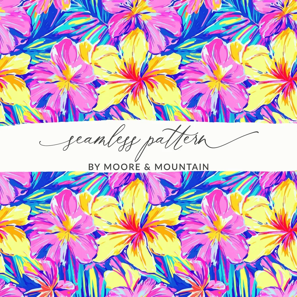 Tropical Floral Seamless Pattern Digital Paper, Pink Yellow Flowers Pattern, Colorful Background, Digital Download, Fabric Design - Moore and Mountain