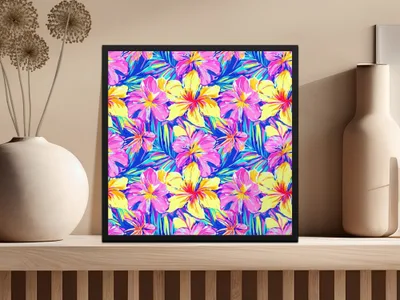 Tropical Floral Seamless Pattern Digital Paper, Pink Yellow Flowers Pattern, Colorful Background, Digital Download, Fabric Design - Moore and Mountain