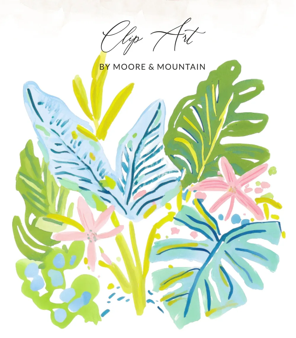 Watercolor tropical leaves and pink flowers, "Clip Art" by Moore & Mountain.