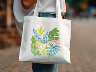 White canvas tote bag with a colorful tropical floral print.