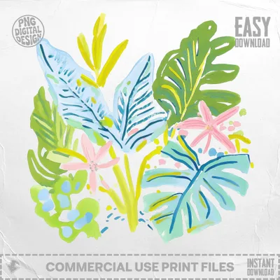 Abstract watercolor tropical leaves and flowers with "EASY DOWNLOAD" text.