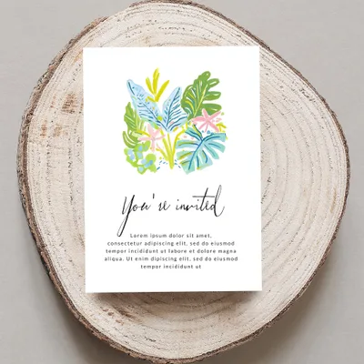 Invitation card with "You're invited" text and floral illustration.