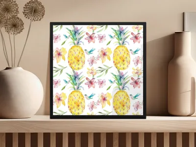 Tropical Pineapple Seamless Pattern, Watercolor Floral Digital Paper, Hibiscus Flower, Bird Design, Summer Background, Digital - Moore and Mountain