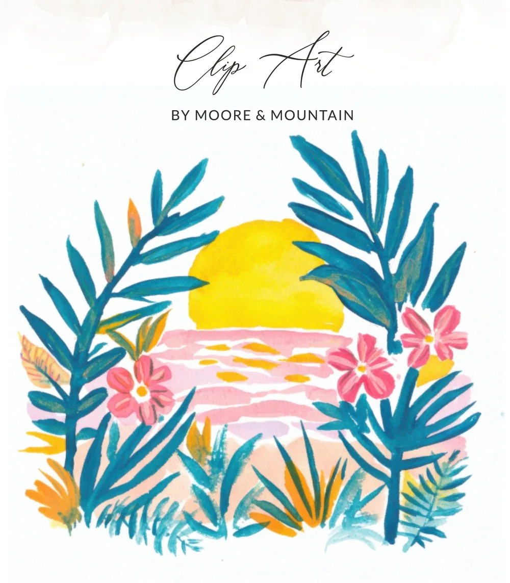 Watercolor illustration of a sunset over water with palm fronds and flowers.