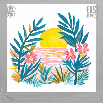 Watercolor illustration of tropical plants framing a sunset over the ocean.
