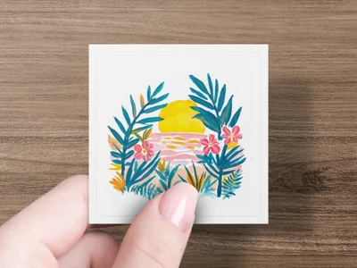 Watercolor sunset over the ocean with tropical leaves and flowers.
