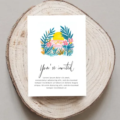 Invitation with tropical floral sunset design and placeholder text.