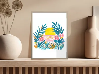 Watercolor illustration of a sunset over the ocean with tropical foliage.