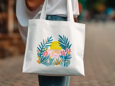 White tote bag with watercolor sunset and tropical foliage illustration.