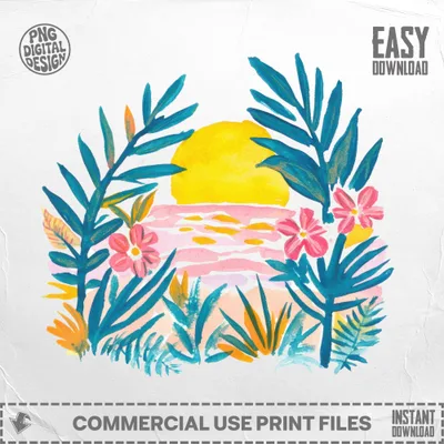 Tropical sunset with palm leaves and flowers, "EASY DOWNLOAD" text.