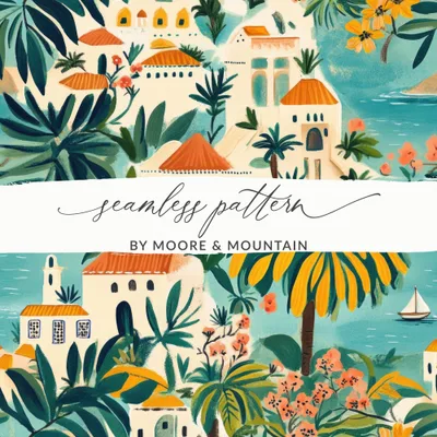 Tropical Town Digital Paper, Mediterranean Seamless Pattern, Coastal Townscape, Beach Vacation Digital Download, Printable Art, Summer