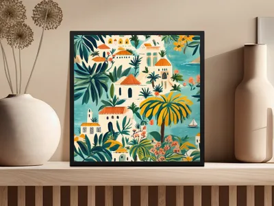 Tropical Town Digital Paper, Mediterranean Seamless Pattern, Coastal Townscape, Beach Vacation Digital Download, Printable Art, Summer - Moore and Mountain