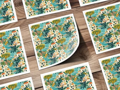 Tropical Village Digital Paper, Seaside Town Seamless Pattern, Mediterranean Digital Background, Island Houses Print, Palm Tree, JPEG Files - Moore and Mountain