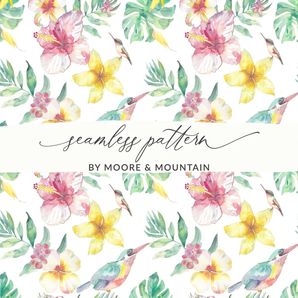 Tropical Watercolor Digital Paper, Floral Seamless Pattern, Hibiscus, Plumeria, Bird, Leaves, Digital Download, Scrapbooking Paper - Moore and Mountain