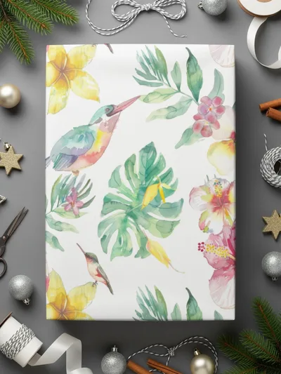 Tropical Watercolor Digital Paper, Floral Seamless Pattern, Hibiscus, Plumeria, Bird, Leaves, Digital Download, Scrapbooking Paper - Moore and Mountain