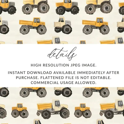 Truck Seamless Pattern Digital, Construction Vehicles Digital Paper, Boys Room Decor Fabric Design, Kids Scrapbooking, 2 JPEG Files - Moore and Mountain