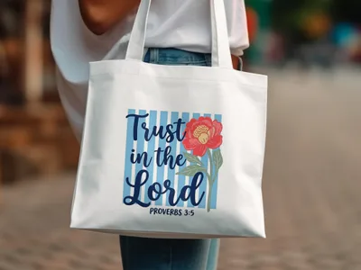 White tote bag with blue stripes, red peony, and "Trust in the Lord PROVERBS 3:5" text.