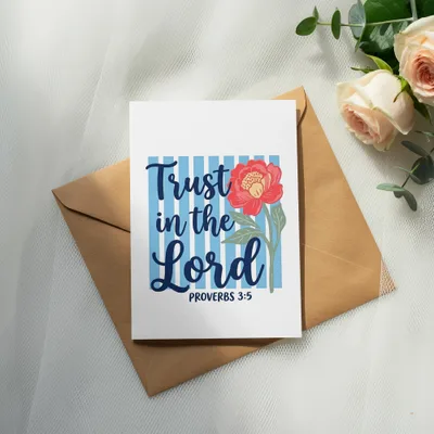 Card with blue stripes, pink flower, and text "Trust in the Lord Proverbs 3:5".