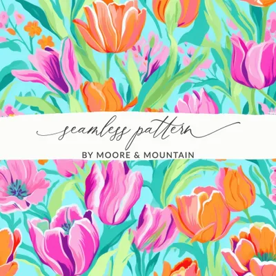 Tulip Digital Paper, Colorful Floral Pattern, Seamless Tulips Design, Fabric Design, Spring Flower Clipart, Repeating Pattern Digital