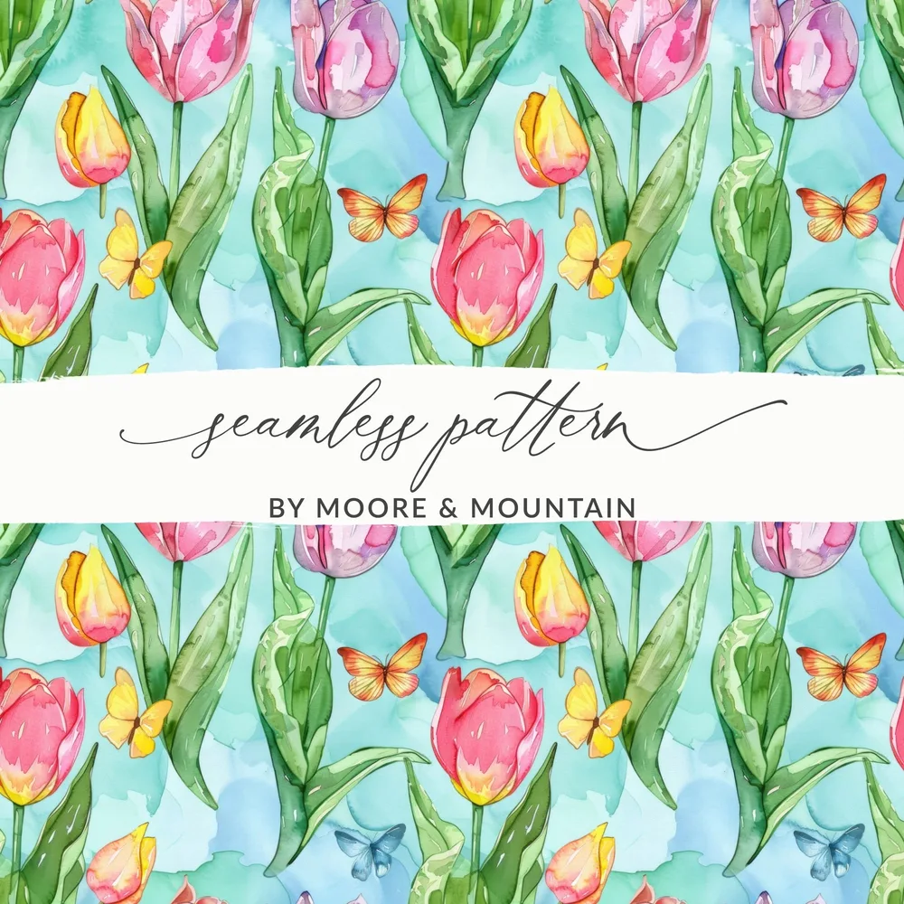 Tulip Digital Paper, Watercolor Seamless Pattern, Spring Background, Floral Surface Pattern, Butterfly Texture, Digital Download - Moore and Mountain
