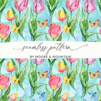 Tulip Digital Paper, Watercolor Seamless Pattern, Spring Background, Floral Surface Pattern, Butterfly Texture, Digital Download