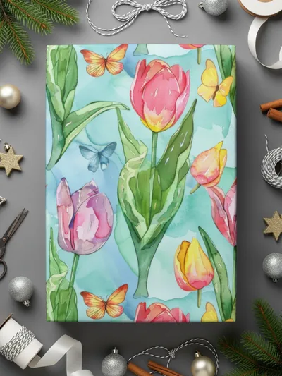 Tulip Digital Paper, Watercolor Seamless Pattern, Spring Background, Floral Surface Pattern, Butterfly Texture, Digital Download - Moore and Mountain