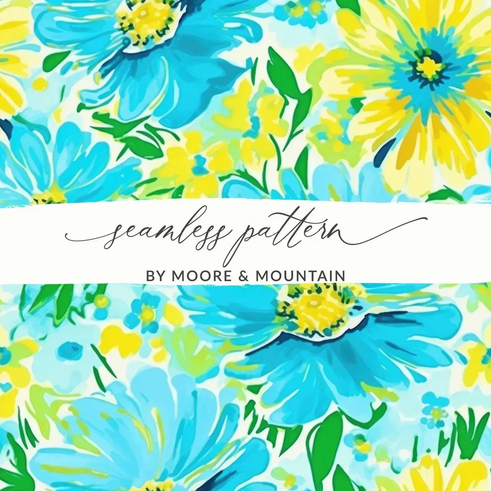 Turquoise Ditsy Floral Pattern, Seamless Flower Design, Yellow Flowers Print, Digital Paper Pack, Printable Fabric Design, Surface Pattern - Moore and Mountain