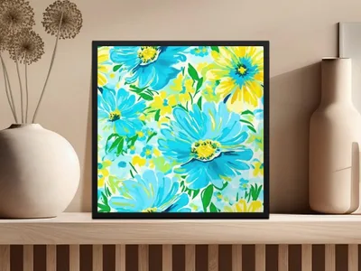 Turquoise Ditsy Floral Pattern, Seamless Flower Design, Yellow Flowers Print, Digital Paper Pack, Printable Fabric Design, Surface Pattern - Moore and Mountain